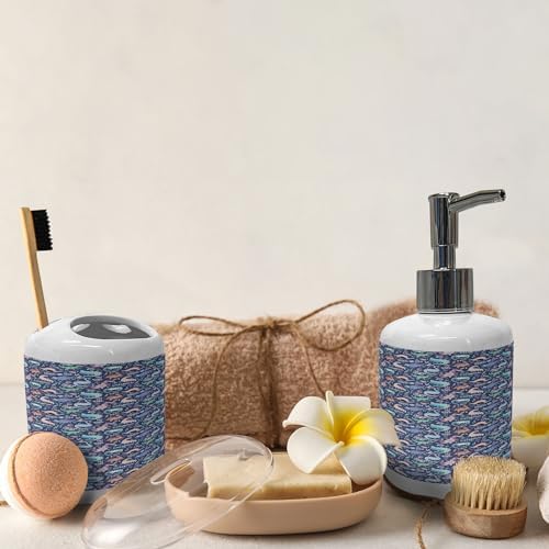 Ambesonne Dinosaur Collection - Ceramic Toothbrush Holder Soap Dispenser Set