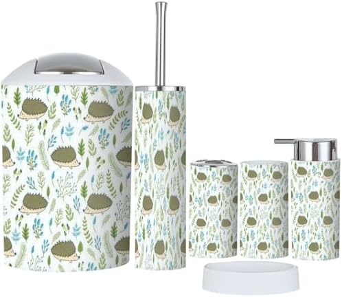 Bathroom Accessories Set 6 Pieces Cute Hedgehogs Floral Design