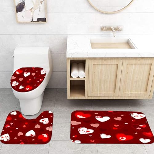 4 Pcs Red Heart Shower Curtain Set with Rugs and Hooks