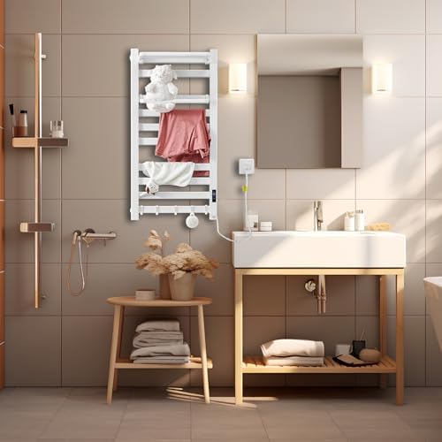 Heated Towel Rack with Shelf and Timer for Bathroom White
