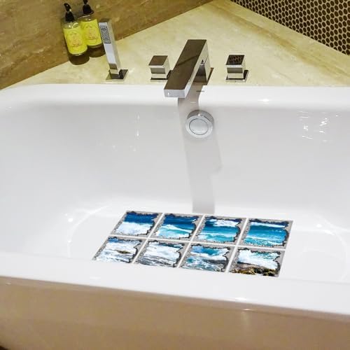 Non Slip Bathtub Stickers Square Blue Sea Waves 8pcs