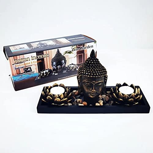 Buddha Head Sculpture Lotus Flower Tealight Candle Holders Zen Garden Set