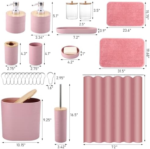 Bathroom Set - Pink Bathroom Accessories Set with Shower Curtain and Rugs