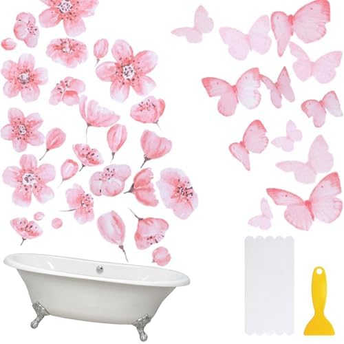 Non Slip Bathtub Stickers 6PCS Pink Butterfly Anti-Slip Decals with Scraper