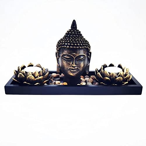 Buddha Head Sculpture Lotus Flower Tealight Candle Holders Zen Garden Set