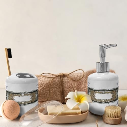 Ambesonne Victorian Soap Dispenser and Toothbrush Holder Set Violet Tan Pearl