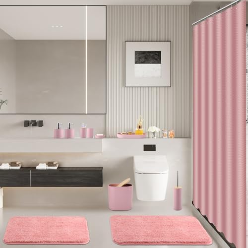 Bathroom Set - Pink Bathroom Accessories Set with Shower Curtain and Rugs