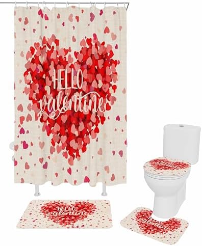 Retro Love Heart red and pink combo shower curtain set