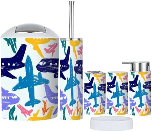 6 Piece Kids Bathroom Accessory Set with Airplane Pattern