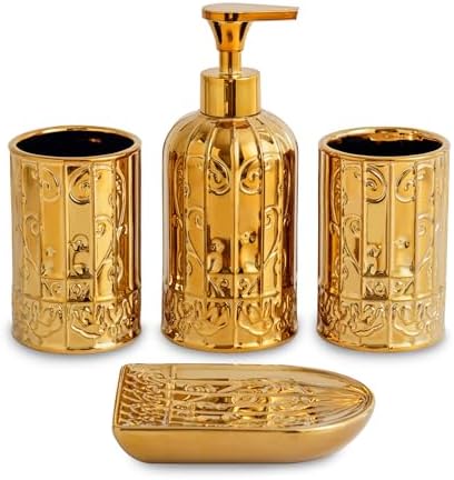 Gold Bathroom Accessory Set with Ceramic Birdcage Design