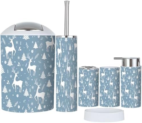 6 Piece Bathroom Accessory Set with Deer Christmas Pattern