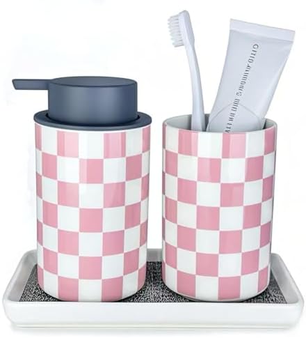 Pink Checkered Ceramic Bathroom Accessory Set 1