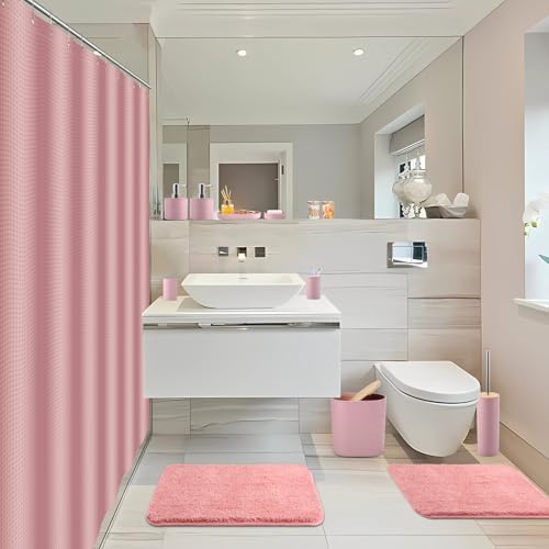 Bathroom Set - Pink Bathroom Accessories Set with Shower Curtain and Rugs