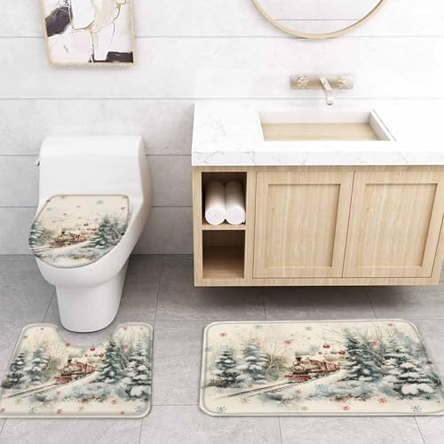 4PC Christmas Train Forest Shower Curtain Set with Non-Slip Rugs