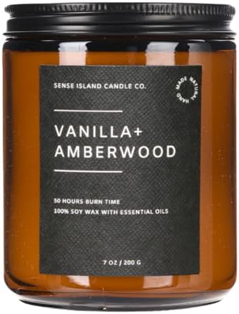 Vanilla Amberwood Wood Wick Candle for Men 50 Hour Burn