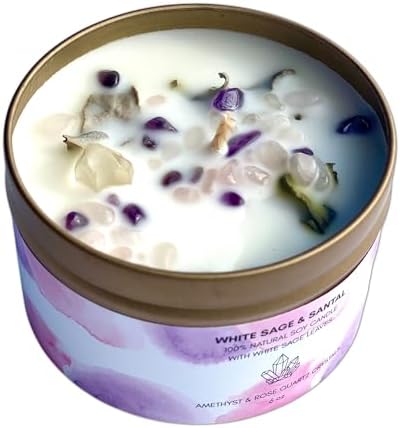 White Sage Candle with Rose Clear Quartz Crystals