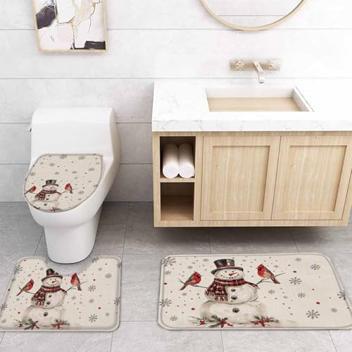 4-Piece Snowman Christmas Bathroom Set with Non-Slip Rugs Shower Curtain