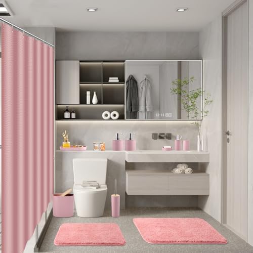 Bathroom Set - Pink Bathroom Accessories Set with Shower Curtain and Rugs