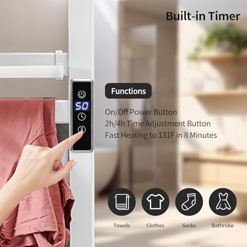 Heated Towel Rack with Shelf and Timer for Bathroom White