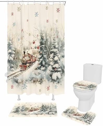 4PC Christmas Train Forest Shower Curtain Set with Non-Slip Rugs