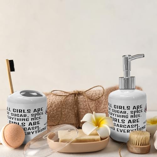 Ambesonne Funny Drinking Sayings Soap Dispenser Toothbrush Holder Set 2 Pcs