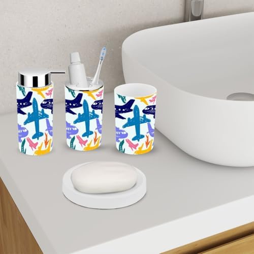 6 Piece Kids Bathroom Accessory Set with Airplane Pattern