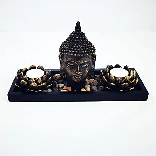 Buddha Head Sculpture Lotus Flower Tealight Candle Holders Zen Garden Set