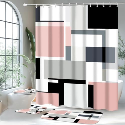 4-Piece Pink Geometric Bathroom Set with Shower Curtain and Rugs