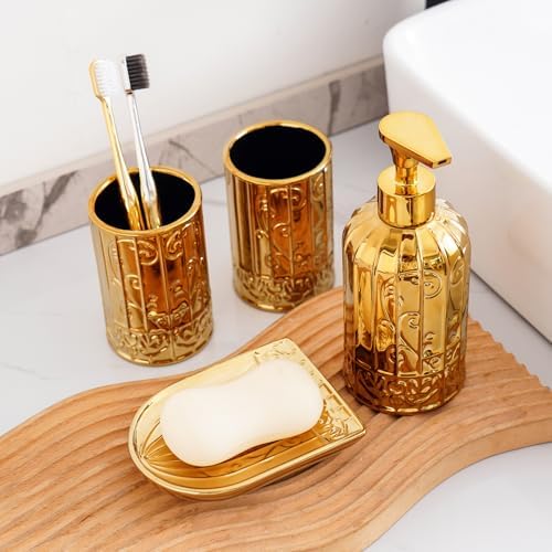 Gold Bathroom Accessory Set with Ceramic Birdcage Design