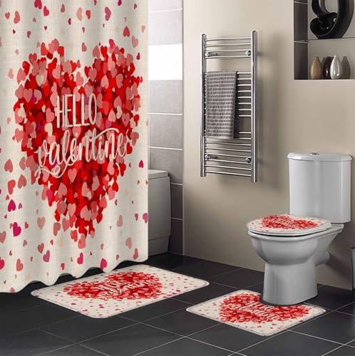 Retro Love Heart red and pink combo shower curtain set