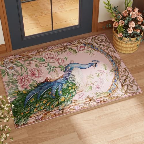 Vowkten 4ft Round Washable Rug Peacock Pattern Non-Slip