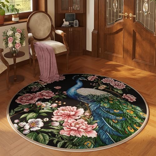 4 Ft Washable Peacock Rug Non-Slip for Home