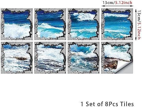 Non Slip Bathtub Stickers Square Blue Sea Waves 8pcs