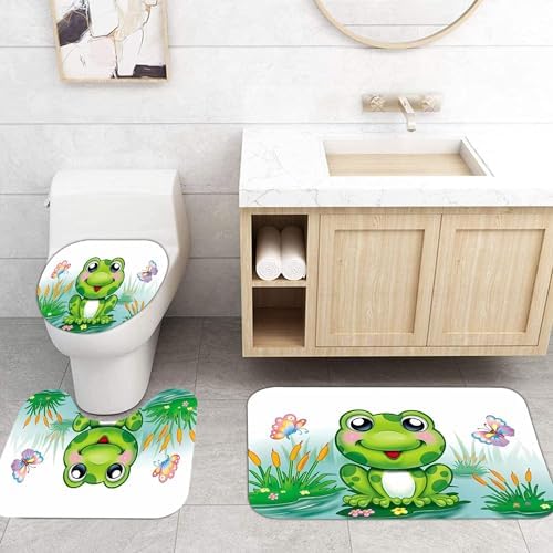4Pcs Funny Frog Shower Curtain Set with Bathroom Mat for Home
