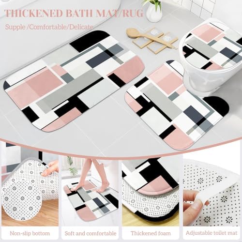 4-Piece Pink Geometric Bathroom Set with Shower Curtain and Rugs