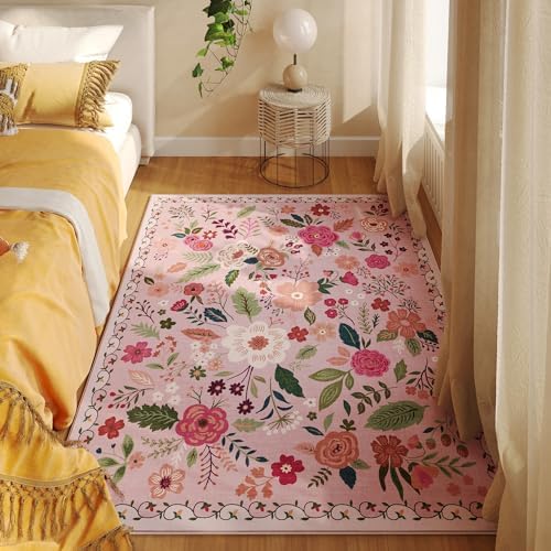 Washable 4x6 Boho Non-Slip Soft Area Rug Pink Living Room