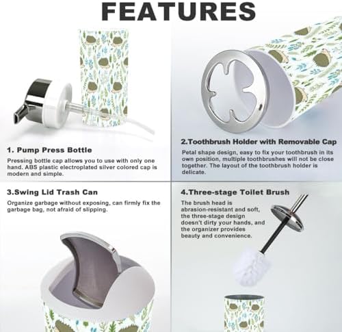 Bathroom Accessories Set 6 Pieces Cute Hedgehogs Floral Design