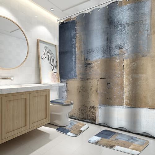 Lnond 4Pcs Bathroom Accessory Set with Shower Curtain and Rugs