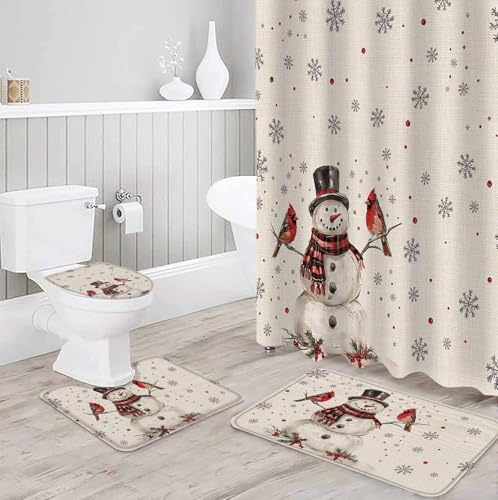 4-Piece Snowman Christmas Bathroom Set with Non-Slip Rugs Shower Curtain