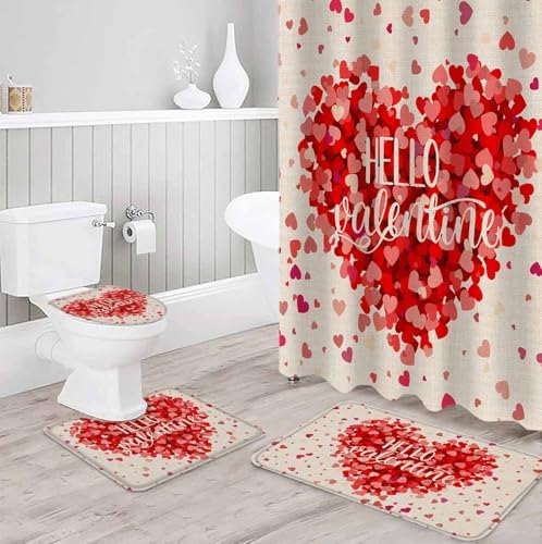 Retro Love Heart red and pink combo shower curtain set