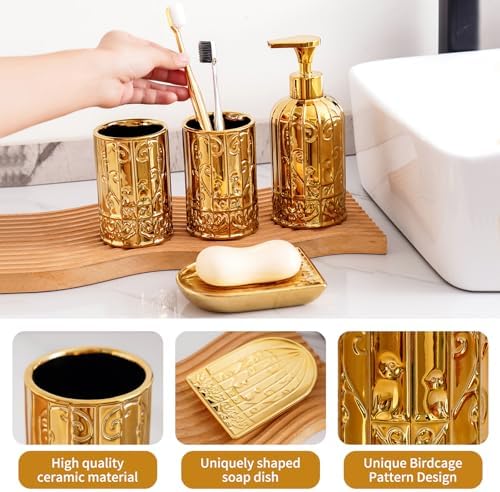 Gold Bathroom Accessory Set with Ceramic Birdcage Design