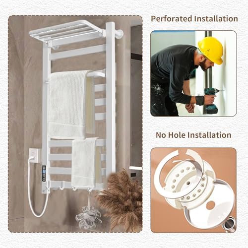 Heated Towel Rack with Shelf and Timer for Bathroom White