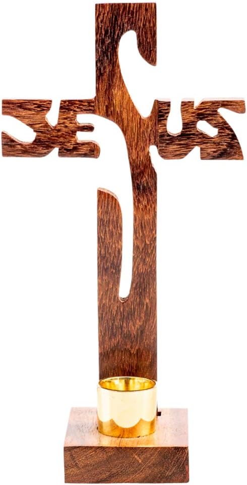 NKlaus Wood Standing Cross with Jesus Carving 19cm Height