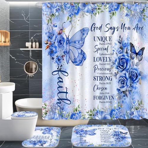 EMHOMEBlue Butterfly Inspirational Quotes 4-Piece Bathroom Set with Rugs Cover Mat