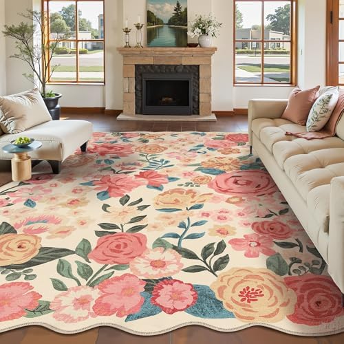 PureCozy Washable Floral 5x7 Area Rug Beige