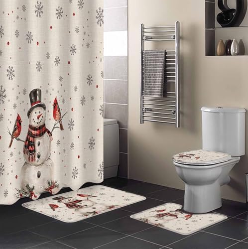 4-Piece Snowman Christmas Bathroom Set with Non-Slip Rugs Shower Curtain