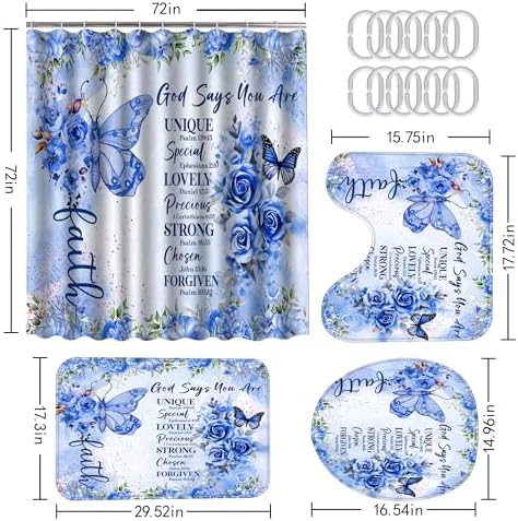 EMHOMEBlue Butterfly Inspirational Quotes 4-Piece Bathroom Set with Rugs Cover Mat