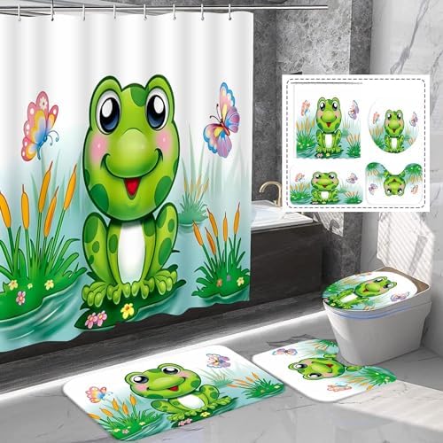 4Pcs Funny Frog Shower Curtain Set with Bathroom Mat for Home