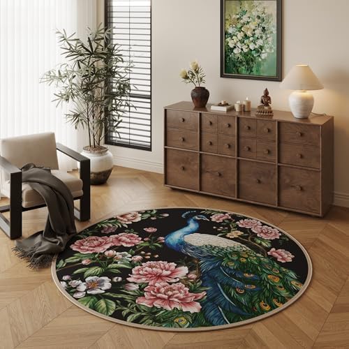 4 Ft Washable Peacock Rug Non-Slip for Home