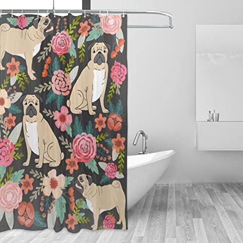 Xoeiran Farmhouse Florals Pug Dogs Shower Curtain 72x72 Inch